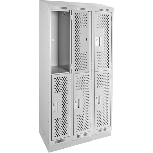 Clean Line Lockers, 2 -tier, Bank of 3, 36" x 12" x 82", Steel, Grey, Rivet (Assembled), Perforated Moffatt Supply & Specialties
