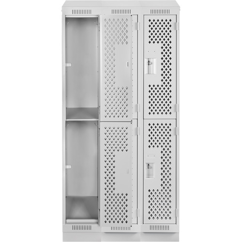 Clean Line Lockers, 2 -tier, Bank of 3, 36" x 12" x 82", Steel, Grey, Rivet (Assembled), Perforated Moffatt Supply & Specialties