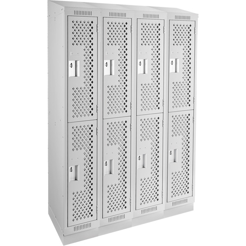 Clean Line Lockers, 2 -tier, Bank of 4, 48" x 12" x 82", Steel, Grey, Rivet (Assembled), Perforated Moffatt Supply & Specialties