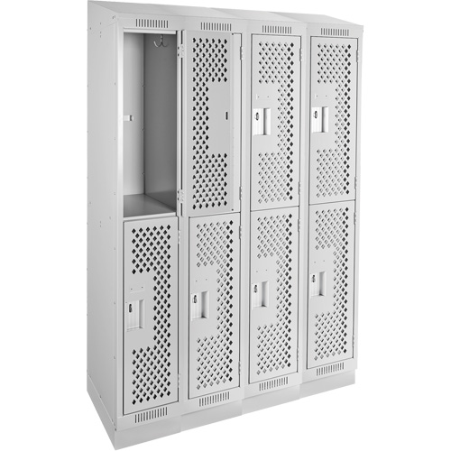 Clean Line Lockers, 2 -tier, Bank of 4, 48" x 12" x 82", Steel, Grey, Rivet (Assembled), Perforated Moffatt Supply & Specialties