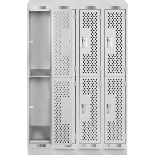 Clean Line Lockers, 2 -tier, Bank of 4, 48" x 12" x 82", Steel, Grey, Rivet (Assembled), Perforated Moffatt Supply & Specialties