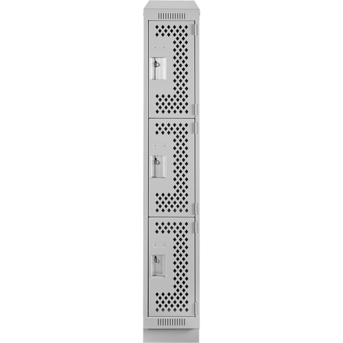 Clean Line Lockers, 3 -tier, 12" x 18" x 82", Steel, Grey, Rivet (Assembled), Perforated Moffatt Supply & Specialties