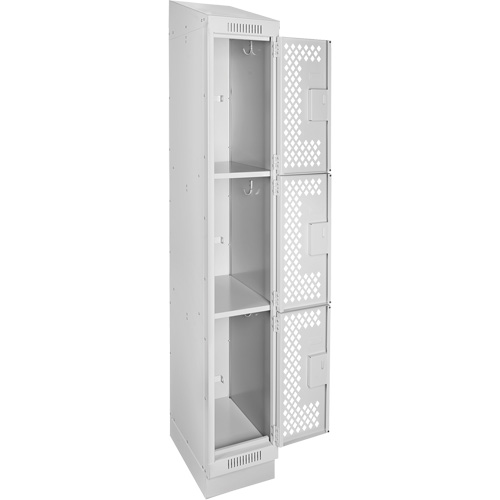 Clean Line Lockers, 3 -tier, 12" x 18" x 82", Steel, Grey, Rivet (Assembled), Perforated Moffatt Supply & Specialties