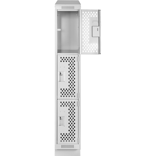 Clean Line Lockers, 3 -tier, 12" x 18" x 82", Steel, Grey, Rivet (Assembled), Perforated Moffatt Supply & Specialties