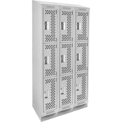 Clean Line Lockers, 3 -tier, Bank of 3, 36" x 18" x 82", Steel, Grey, Rivet (Assembled), Perforated Moffatt Supply & Specialties
