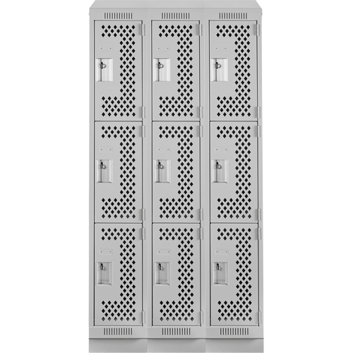 Clean Line Lockers, 3 -tier, Bank of 3, 36" x 18" x 82", Steel, Grey, Rivet (Assembled), Perforated Moffatt Supply & Specialties