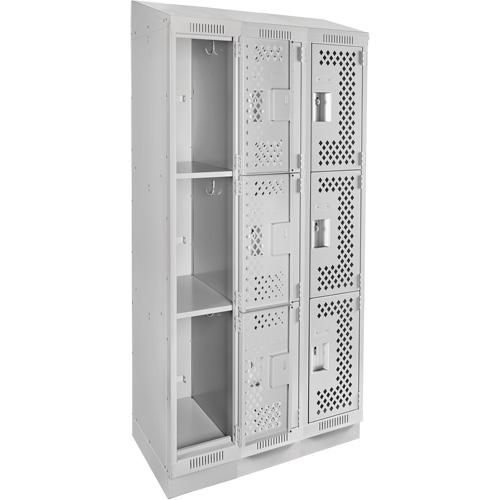 Clean Line Lockers, 3 -tier, Bank of 3, 36" x 18" x 82", Steel, Grey, Rivet (Assembled), Perforated Moffatt Supply & Specialties