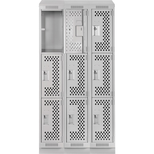 Clean Line Lockers, 3 -tier, Bank of 3, 36" x 18" x 82", Steel, Grey, Rivet (Assembled), Perforated Moffatt Supply & Specialties