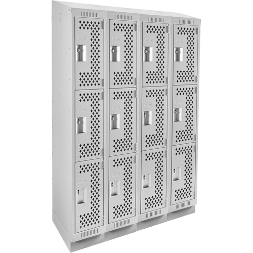 Clean Line Lockers, 3 -tier, Bank of 4, 48" x 18" x 82", Steel, Grey, Rivet (Assembled), Perforated Moffatt Supply & Specialties