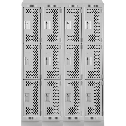 Clean Line Lockers, 3 -tier, Bank of 4, 48" x 18" x 82", Steel, Grey, Rivet (Assembled), Perforated Moffatt Supply & Specialties