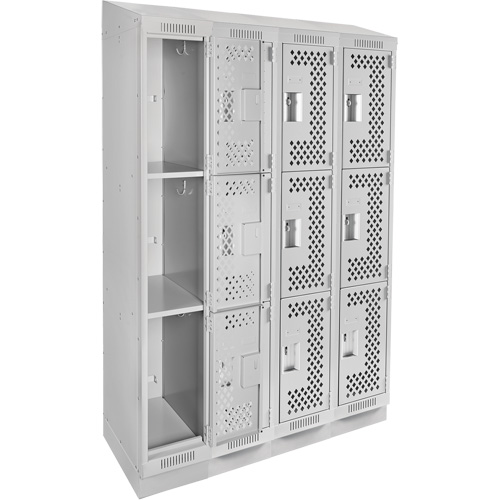 Clean Line Lockers, 3 -tier, Bank of 4, 48" x 18" x 82", Steel, Grey, Rivet (Assembled), Perforated Moffatt Supply & Specialties