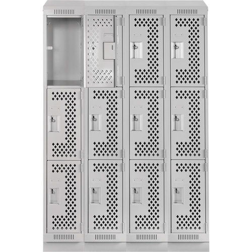 Clean Line Lockers, 3 -tier, Bank of 4, 48" x 18" x 82", Steel, Grey, Rivet (Assembled), Perforated Moffatt Supply & Specialties