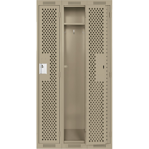 Clean Line Lockers, Bank of 3, 36" x 12" x 72", Steel, Beige, Rivet (Assembled), Perforated Moffatt Supply & Specialties