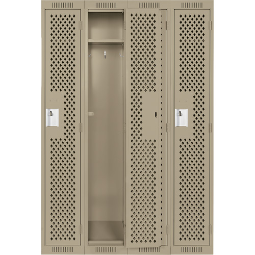 Clean Line Lockers, Bank of 4, 48" x 12" x 72", Steel, Beige, Rivet (Assembled), Perforated Moffatt Supply & Specialties