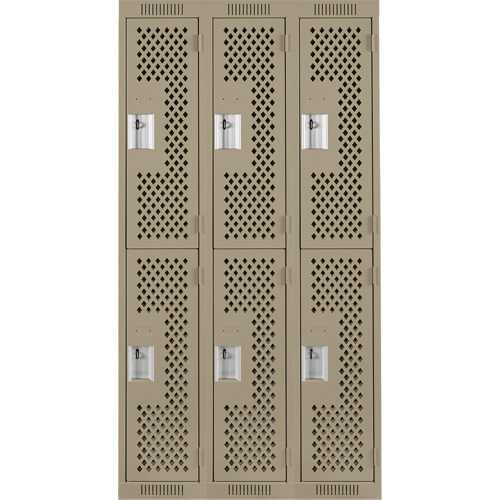 Clean Line Lockers, 2 -tier, Bank of 3, 36" x 12" x 72", Steel, Beige, Rivet (Assembled), Perforated Moffatt Supply & Specialties