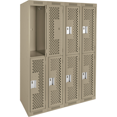 Clean Line Lockers, 2 -tier, Bank of 4, 48" x 12" x 72", Steel, Beige, Rivet (Assembled), Perforated Moffatt Supply & Specialties