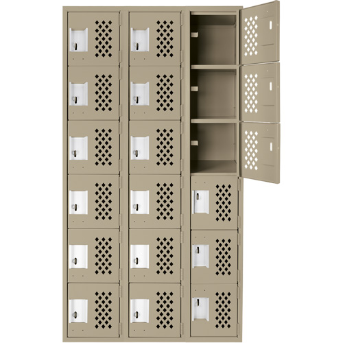 Assembled Lockerettes Clean Line Perforated Economy Lockers, 6 -tier, Bank of 3, 18" x 72" x 12", Steel Moffatt Supply & Specialties