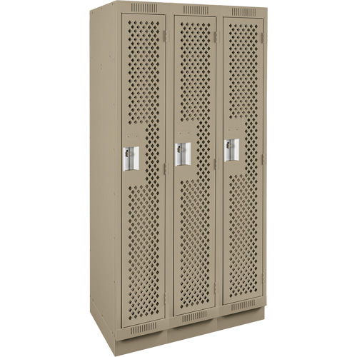 Clean Line Lockers, Bank of 3, 36" x 15" x 76", Steel, Beige, Rivet (Assembled), Perforated Moffatt Supply & Specialties