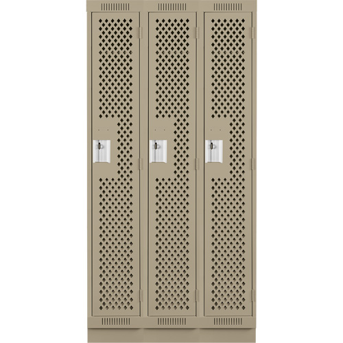 Clean Line Lockers, Bank of 3, 36" x 15" x 76", Steel, Beige, Rivet (Assembled), Perforated Moffatt Supply & Specialties