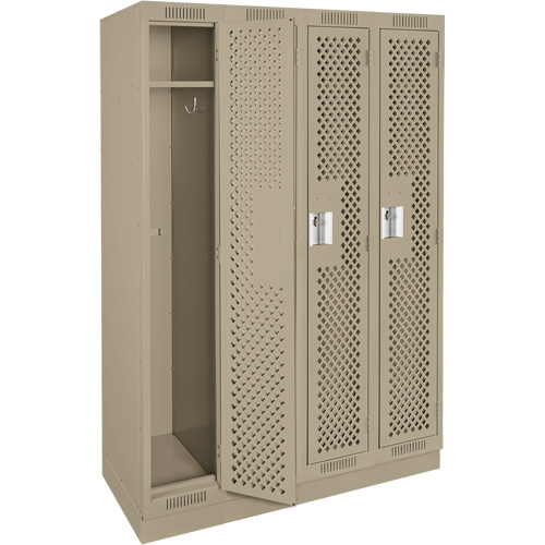Clean Line Lockers, Bank of 4, 48" x 15" x 76", Steel, Beige, Rivet (Assembled), Perforated Moffatt Supply & Specialties