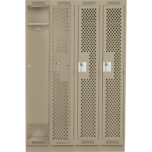Clean Line Lockers, Bank of 4, 48" x 15" x 76", Steel, Beige, Rivet (Assembled), Perforated Moffatt Supply & Specialties