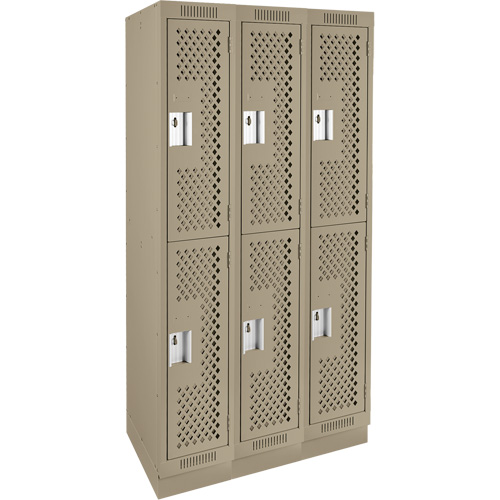 Clean Line Lockers, 2 -tier, Bank of 3, 36" x 12" x 76", Steel, Beige, Rivet (Assembled), Perforated Moffatt Supply & Specialties