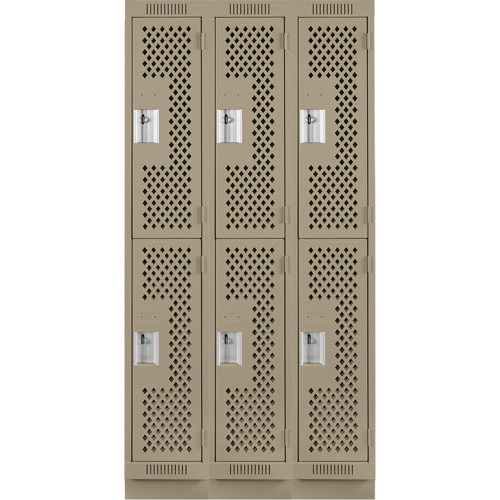 Clean Line Lockers, 2 -tier, Bank of 3, 36" x 12" x 76", Steel, Beige, Rivet (Assembled), Perforated Moffatt Supply & Specialties