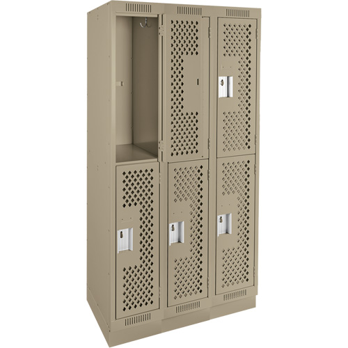 Clean Line Lockers, 2 -tier, Bank of 3, 36" x 12" x 76", Steel, Beige, Rivet (Assembled), Perforated Moffatt Supply & Specialties