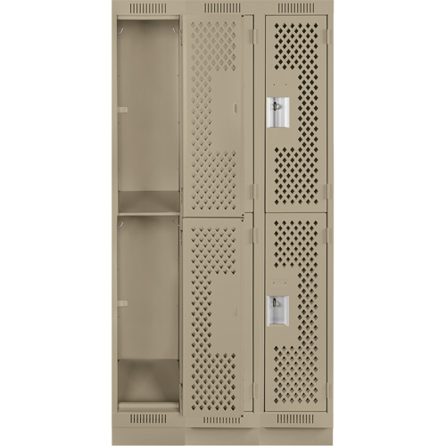 Clean Line Lockers, 2 -tier, Bank of 3, 36" x 12" x 76", Steel, Beige, Rivet (Assembled), Perforated Moffatt Supply & Specialties