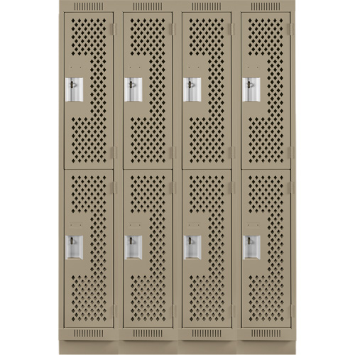 Clean Line Lockers, 2 -tier, Bank of 4, 48" x 12" x 76", Steel, Beige, Rivet (Assembled), Perforated Moffatt Supply & Specialties