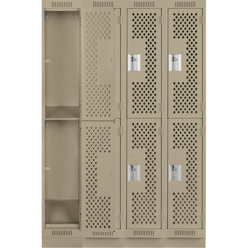 Clean Line Lockers, 2 -tier, Bank of 4, 48" x 12" x 76", Steel, Beige, Rivet (Assembled), Perforated Moffatt Supply & Specialties