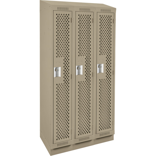 Clean Line Lockers, Bank of 3, 36" x 18" x 82", Steel, Beige, Rivet (Assembled), Perforated Moffatt Supply & Specialties