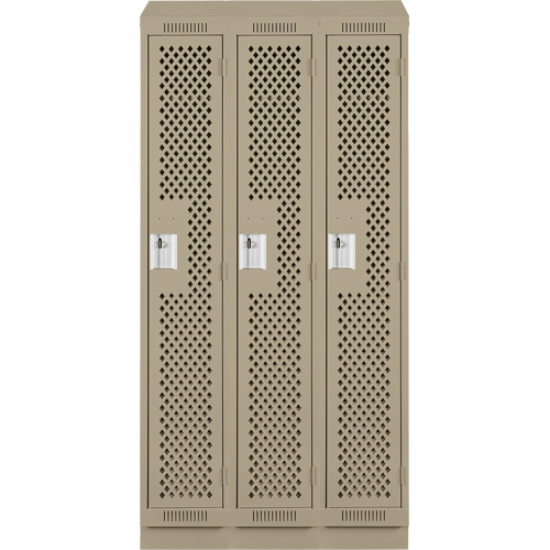 Clean Line Lockers, Bank of 3, 36" x 18" x 82", Steel, Beige, Rivet (Assembled), Perforated Moffatt Supply & Specialties