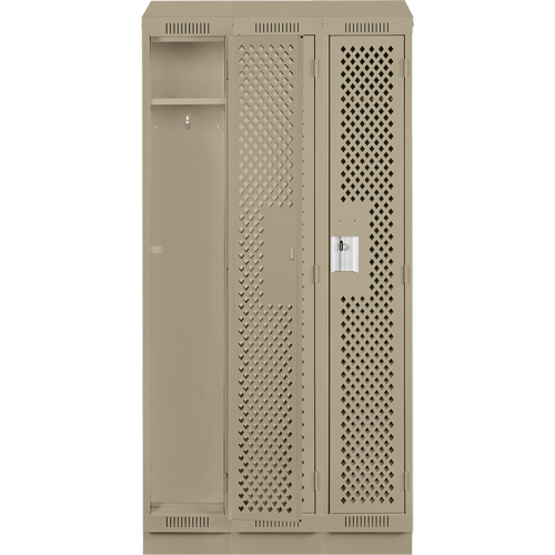 Clean Line Lockers, Bank of 3, 36" x 18" x 82", Steel, Beige, Rivet (Assembled), Perforated Moffatt Supply & Specialties
