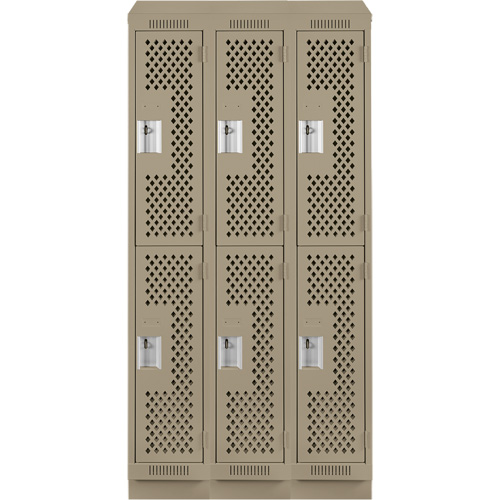 Clean Line Lockers, 2 -tier, Bank of 3, 36" x 15" x 82", Steel, Beige, Rivet (Assembled), Perforated Moffatt Supply & Specialties