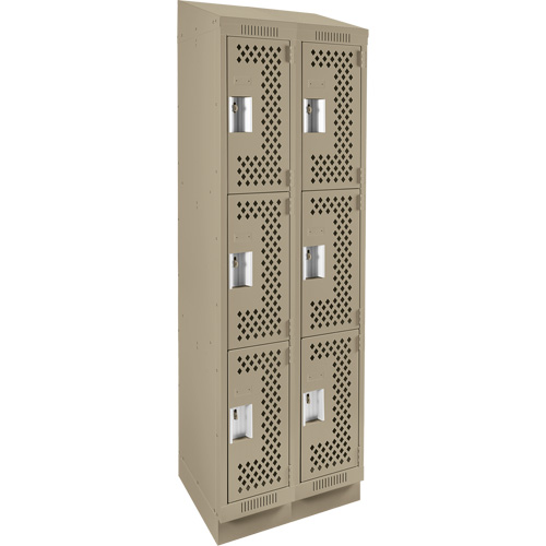Clean Line Lockers, 3 -tier, Bank of 2, 24" x 18" x 82", Steel, Beige, Rivet (Assembled), Perforated Moffatt Supply & Specialties