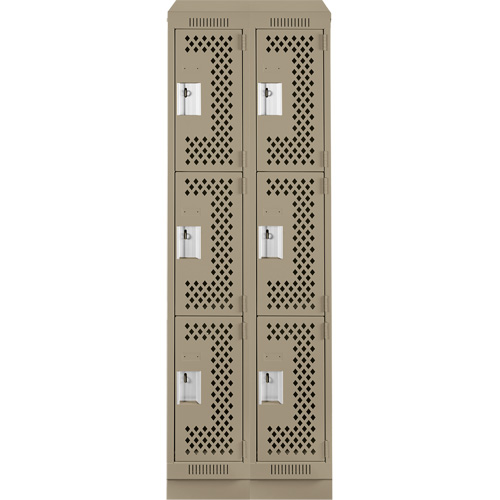 Clean Line Lockers, 3 -tier, Bank of 2, 24" x 18" x 82", Steel, Beige, Rivet (Assembled), Perforated Moffatt Supply & Specialties