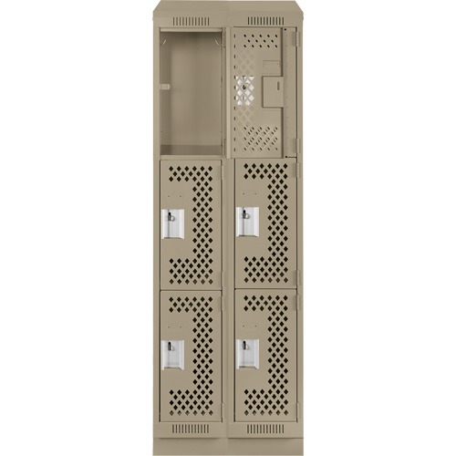 Clean Line Lockers, 3 -tier, Bank of 2, 24" x 18" x 82", Steel, Beige, Rivet (Assembled), Perforated Moffatt Supply & Specialties