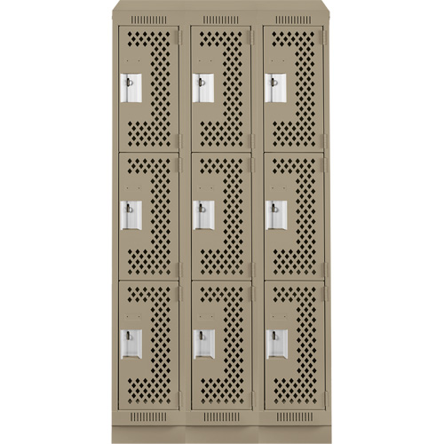 Clean Line Lockers, 3 -tier, Bank of 3, 36" x 18" x 82", Steel, Beige, Rivet (Assembled), Perforated Moffatt Supply & Specialties