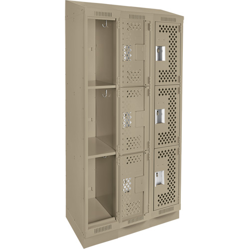 Clean Line Lockers, 3 -tier, Bank of 3, 36" x 18" x 82", Steel, Beige, Rivet (Assembled), Perforated Moffatt Supply & Specialties