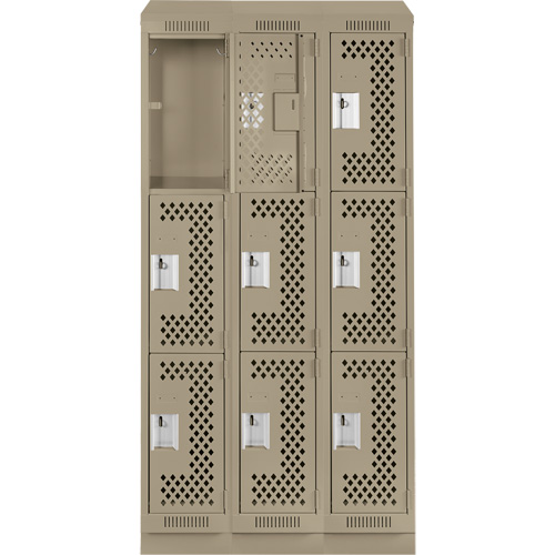 Clean Line Lockers, 3 -tier, Bank of 3, 36" x 18" x 82", Steel, Beige, Rivet (Assembled), Perforated Moffatt Supply & Specialties