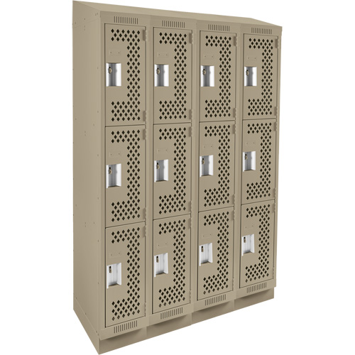 Clean Line Lockers, 3 -tier, Bank of 4, 48" x 18" x 82", Steel, Beige, Rivet (Assembled), Perforated Moffatt Supply & Specialties