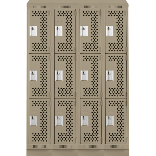 Clean Line Lockers, 3 -tier, Bank of 4, 48" x 18" x 82", Steel, Beige, Rivet (Assembled), Perforated Moffatt Supply & Specialties