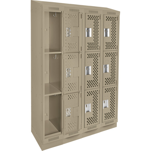Clean Line Lockers, 3 -tier, Bank of 4, 48" x 18" x 82", Steel, Beige, Rivet (Assembled), Perforated Moffatt Supply & Specialties