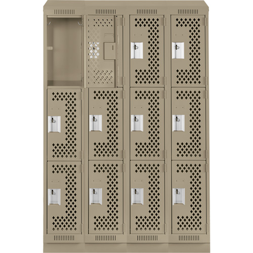 Clean Line Lockers, 3 -tier, Bank of 4, 48" x 18" x 82", Steel, Beige, Rivet (Assembled), Perforated Moffatt Supply & Specialties