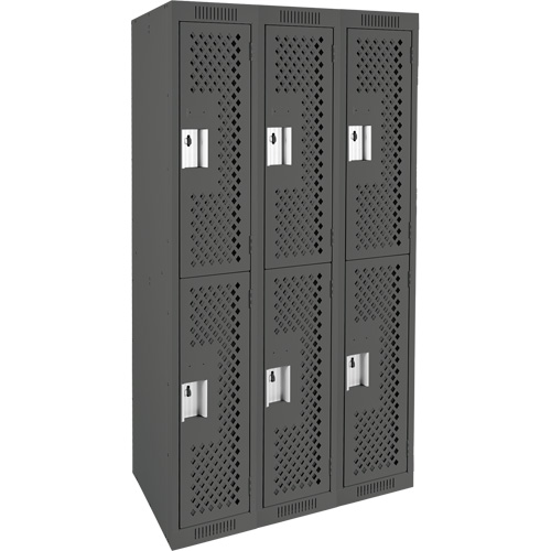 Clean Line Lockers, 2 -tier, Bank of 3, 36" x 12" x 72", Steel, Charcoal, Rivet (Assembled), Perforated Moffatt Supply & Specialties