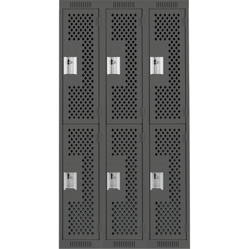 Clean Line Lockers, 2 -tier, Bank of 3, 36" x 12" x 72", Steel, Charcoal, Rivet (Assembled), Perforated Moffatt Supply & Specialties