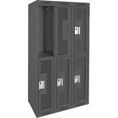 Clean Line Lockers, 2 -tier, Bank of 3, 36" x 12" x 72", Steel, Charcoal, Rivet (Assembled), Perforated Moffatt Supply & Specialties