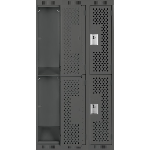 Clean Line Lockers, 2 -tier, Bank of 3, 36" x 12" x 72", Steel, Charcoal, Rivet (Assembled), Perforated Moffatt Supply & Specialties