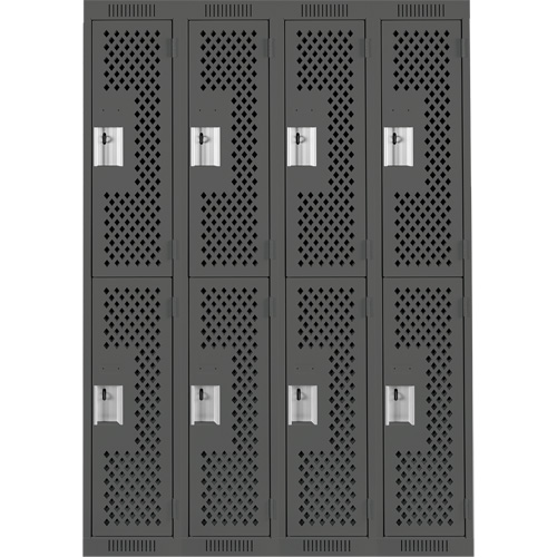 Clean Line Lockers, 2 -tier, Bank of 4, 48" x 12" x 72", Steel, Charcoal, Rivet (Assembled), Perforated Moffatt Supply & Specialties